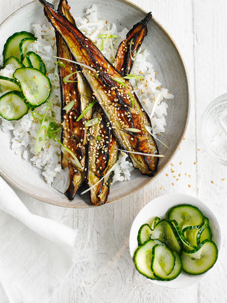 Miso-grilled aubergine & cucumber pickle rice bowl