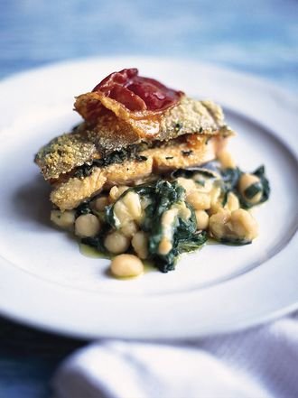 Roast trout with spinach, sage and prosciutto