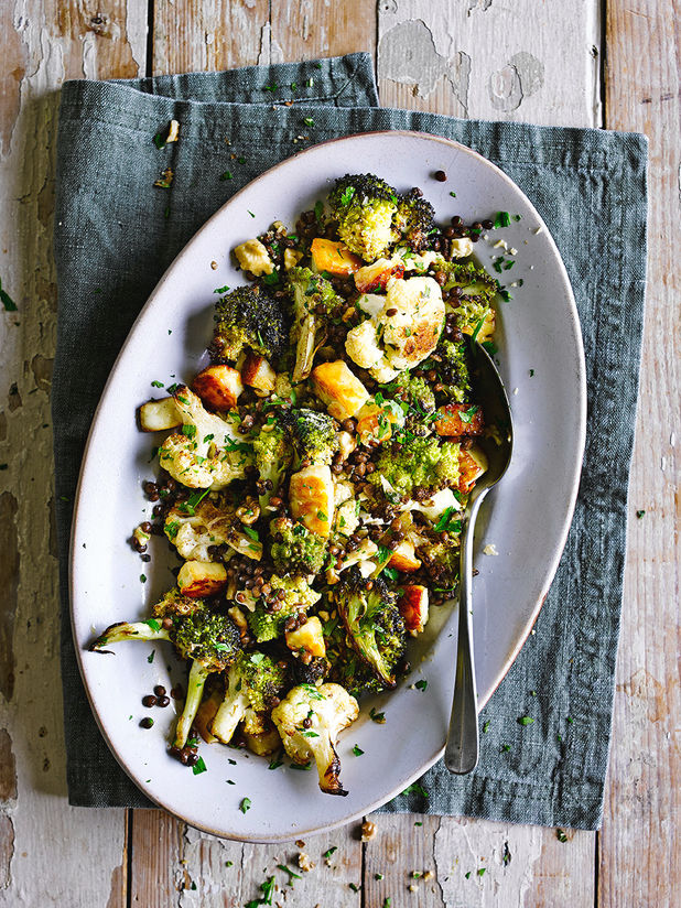 Roasted brassicas with puy lentils & halloumi